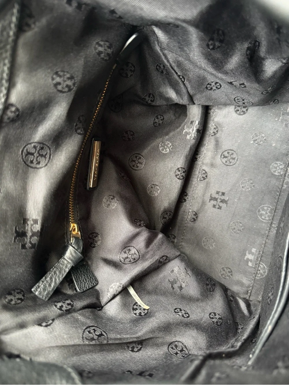 Tory Burch Black Pebbled Leather Logo Drawstring Backpack with Gold Hardware